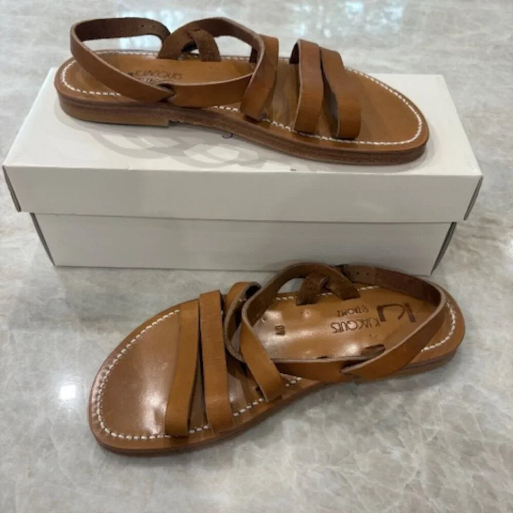 K.Jacques Brown Leather Strappy Flat Sandals
